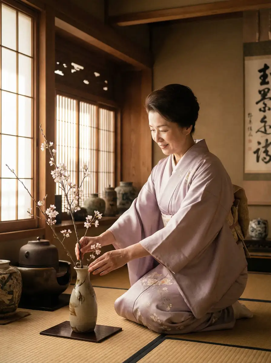 一位优雅的 胡桃大战史莱姆 在和室中插花